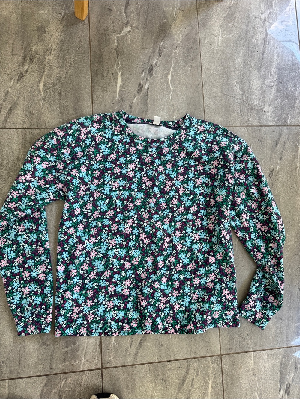 J. Crew Black Long-Sleeve Floral Tee with Teal & Pink Blossoms